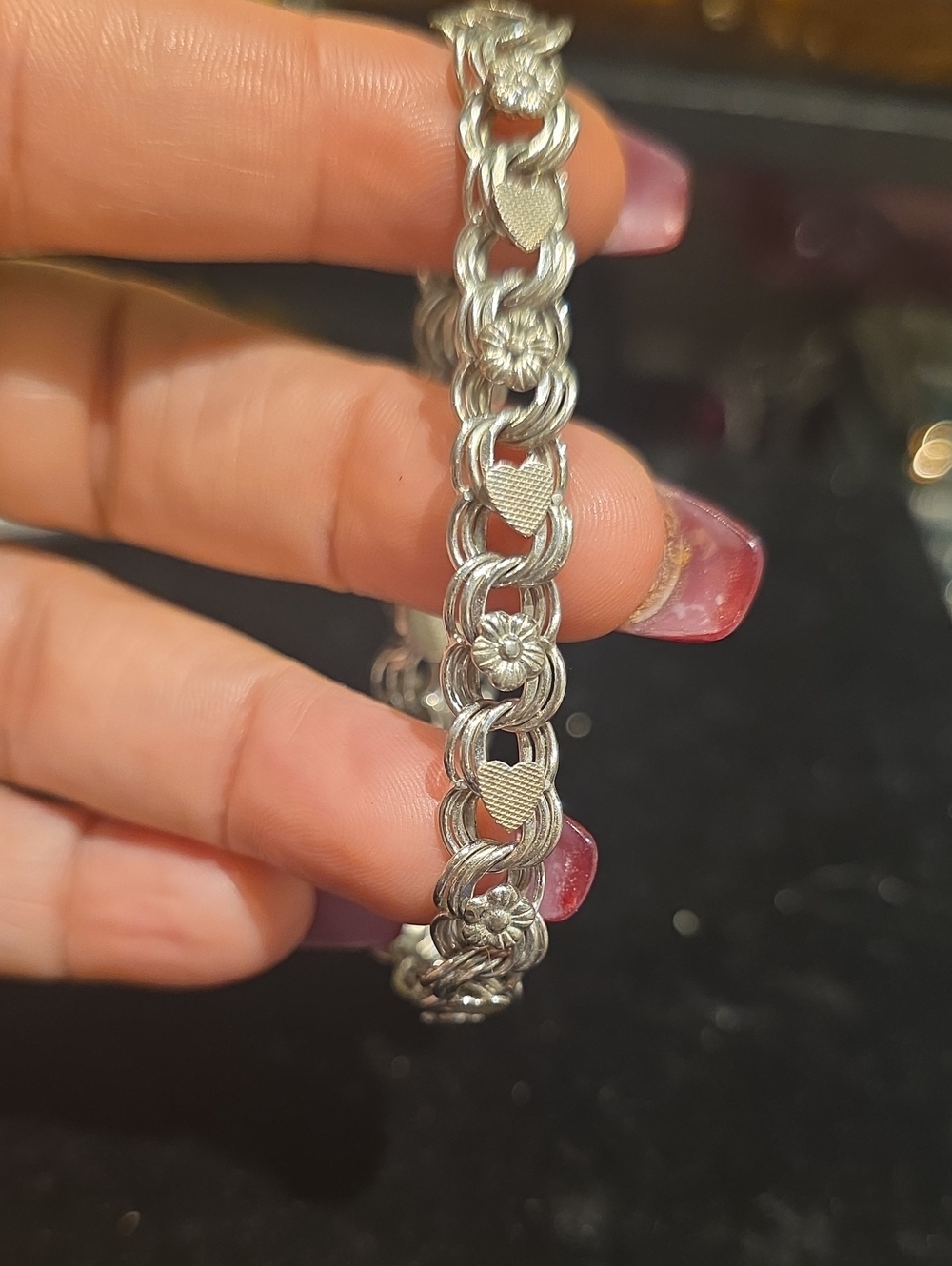 Sterling Heart & Floral Link Bracelet - Silver Tone
